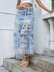 Tiered Ruffle Denim Patchwork Skirt 