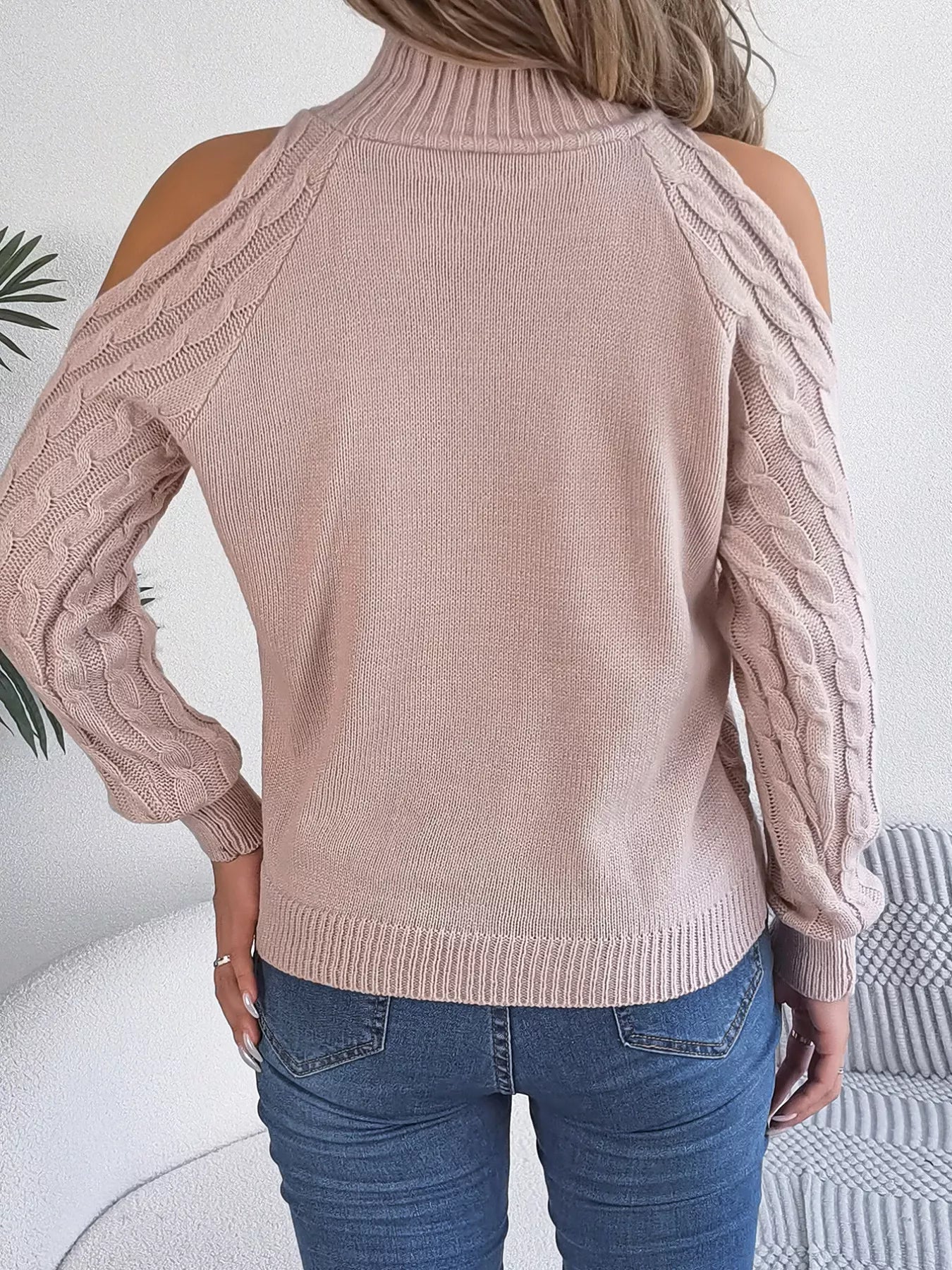 Cable Knit Cold Shoulder Turtleneck Sweater 