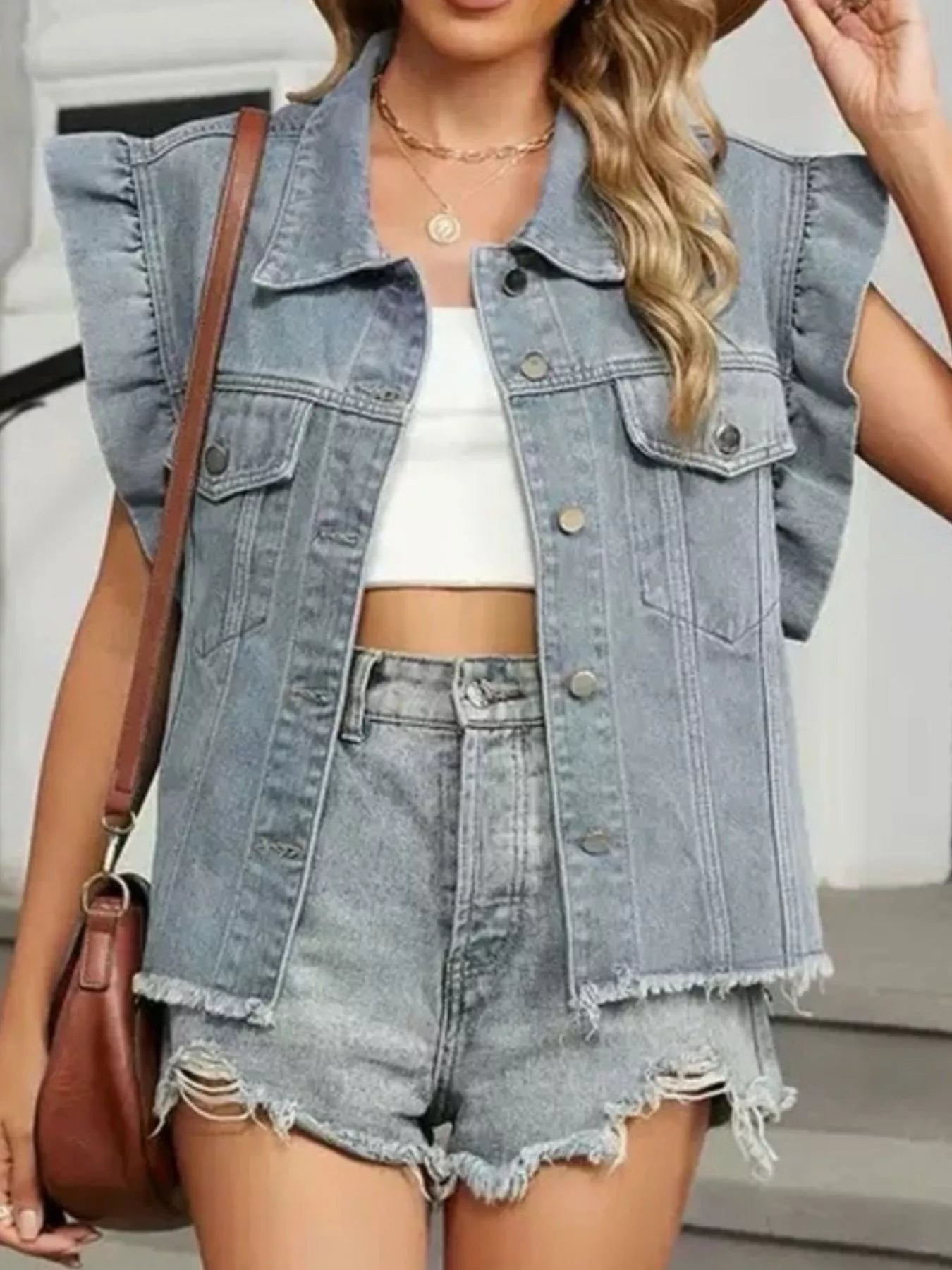 Ruffled Raw Hem Button Up Denim Jacket 