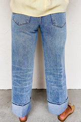 High-Waisted Wide-Leg Cuffed Jeans 