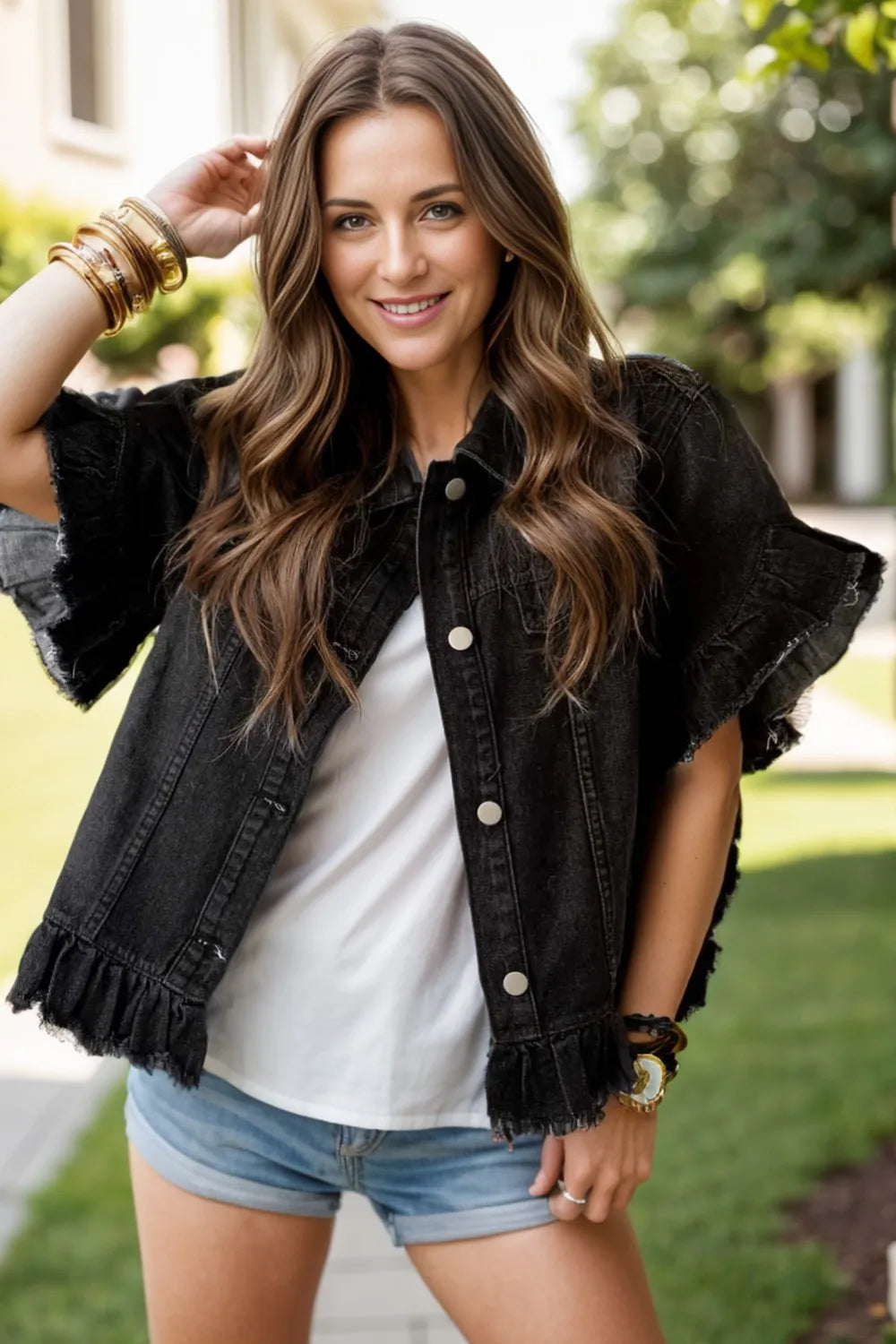 Raw Hem Button Up Denim Top 