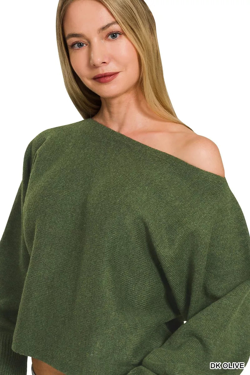 Zenana Boat Neck Balloon Sleeve Sweater 