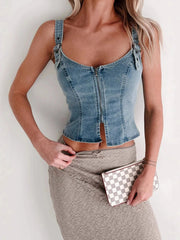 Fitted Denim Corset Tank Top with Front Zip 