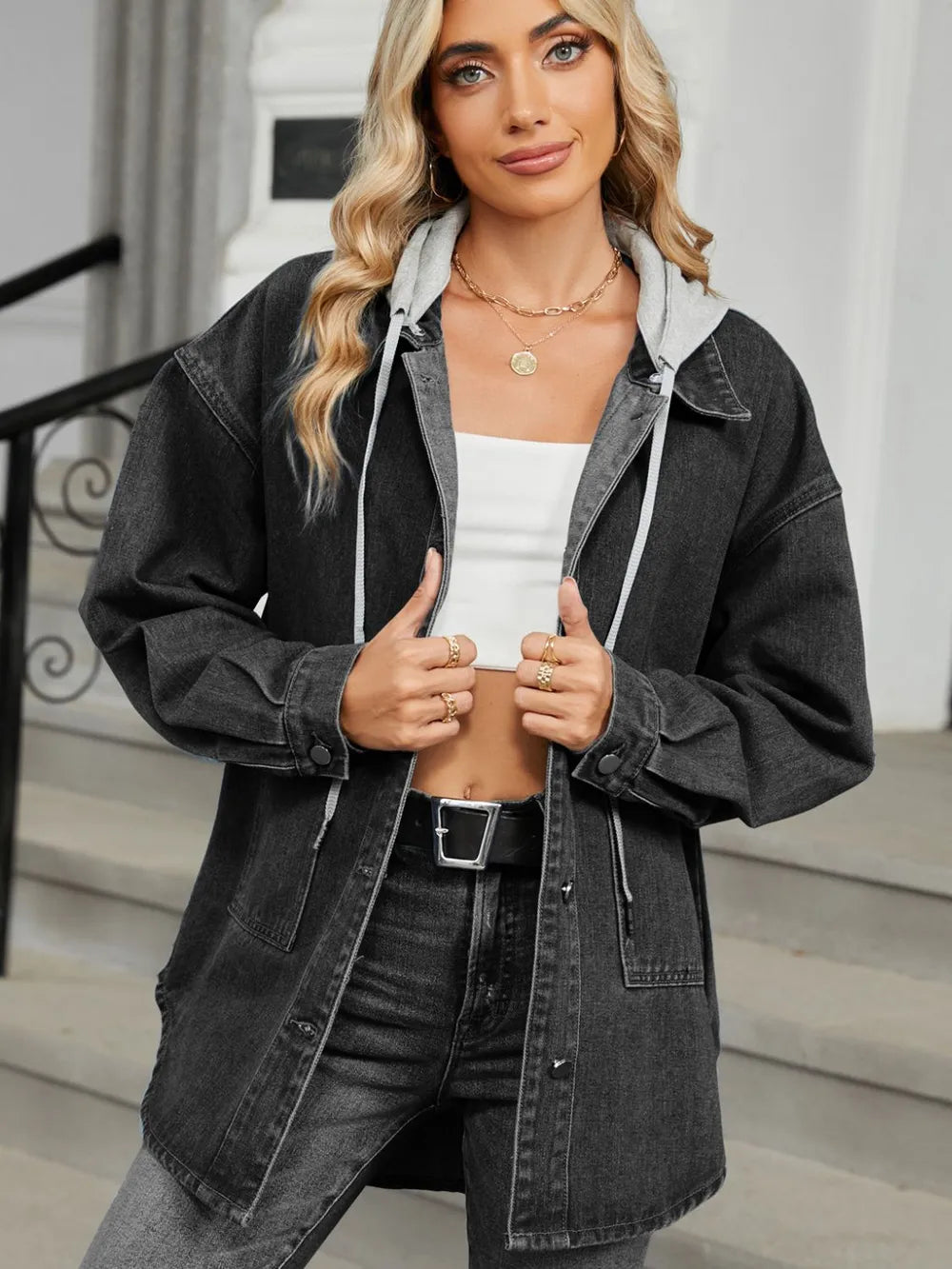 Removable Hood Button Up Long Sleeve Denim Jacket 