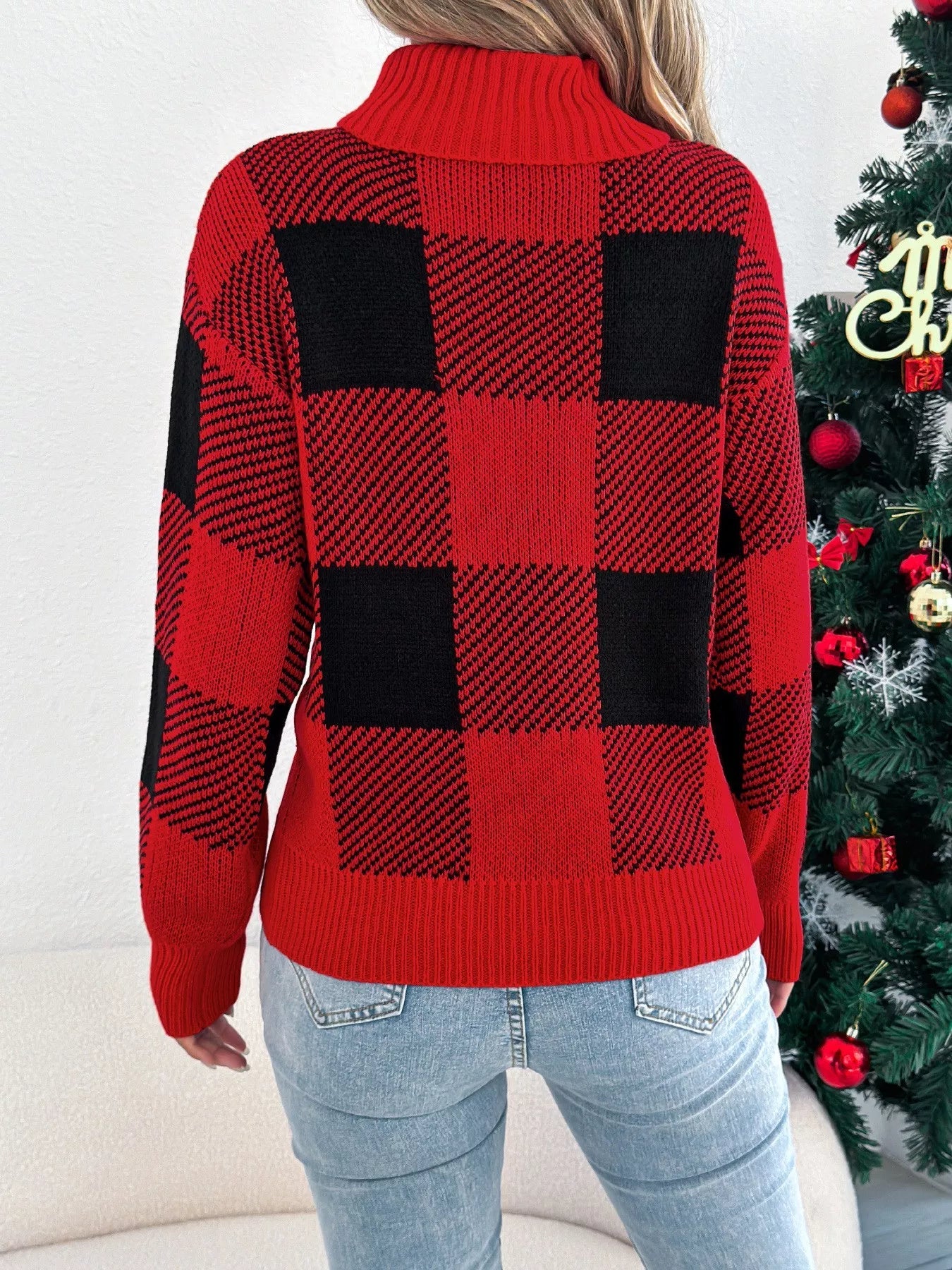 Christmas Plaid Long Sleeve Turtleneck Sweater 