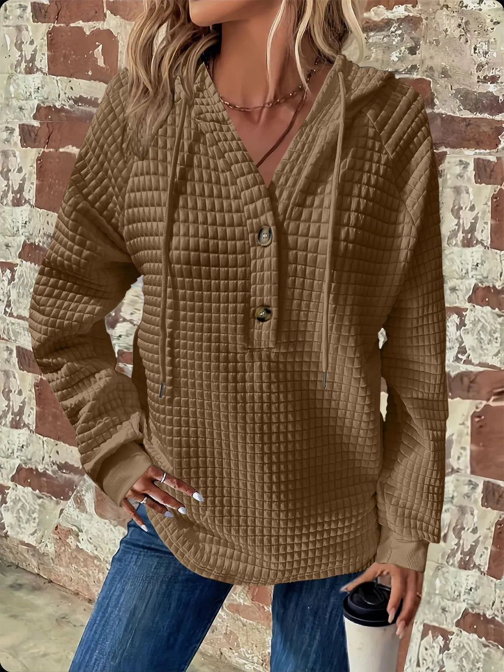 Full Size Texture Button Detail Drawstring Long Sleeve Hoodie 