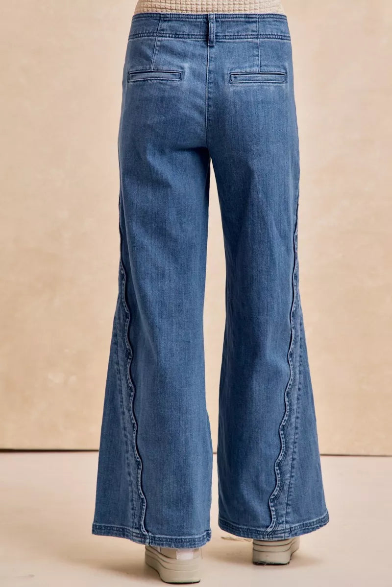 BiBi Wavy Side Edge Detail Lined Wide Leg Jeans 