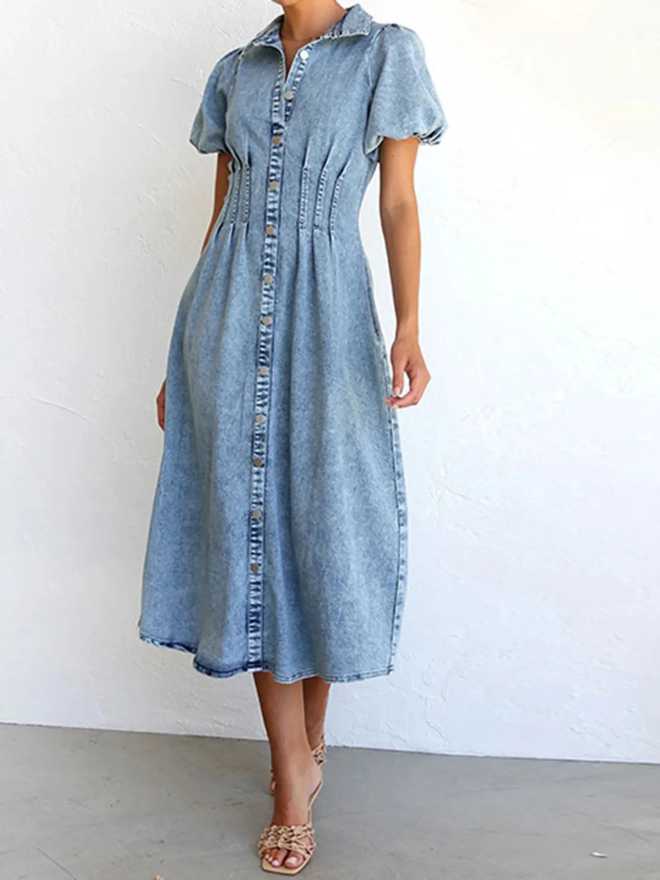 Puff Sleeve Button Front Denim Midi Dress 