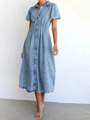 Puff Sleeve Button Front Denim Midi Dress 