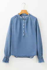 Half Button Long Sleeve Denim Top 