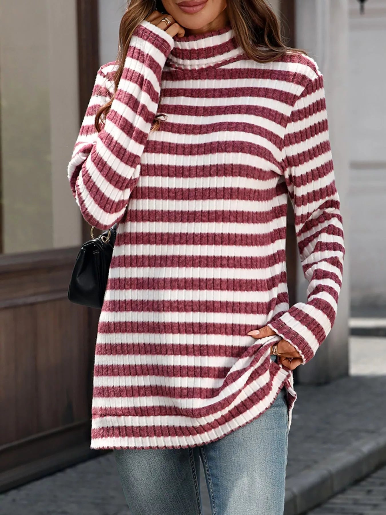 Striped Turtleneck Long Sleeve Knit Top 