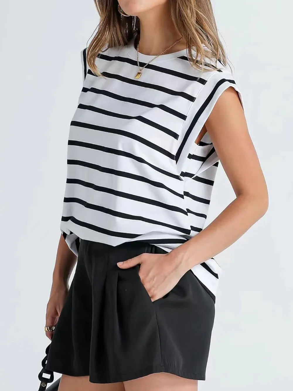 Striped Round Neck Cap Sleeve T-Shirt 