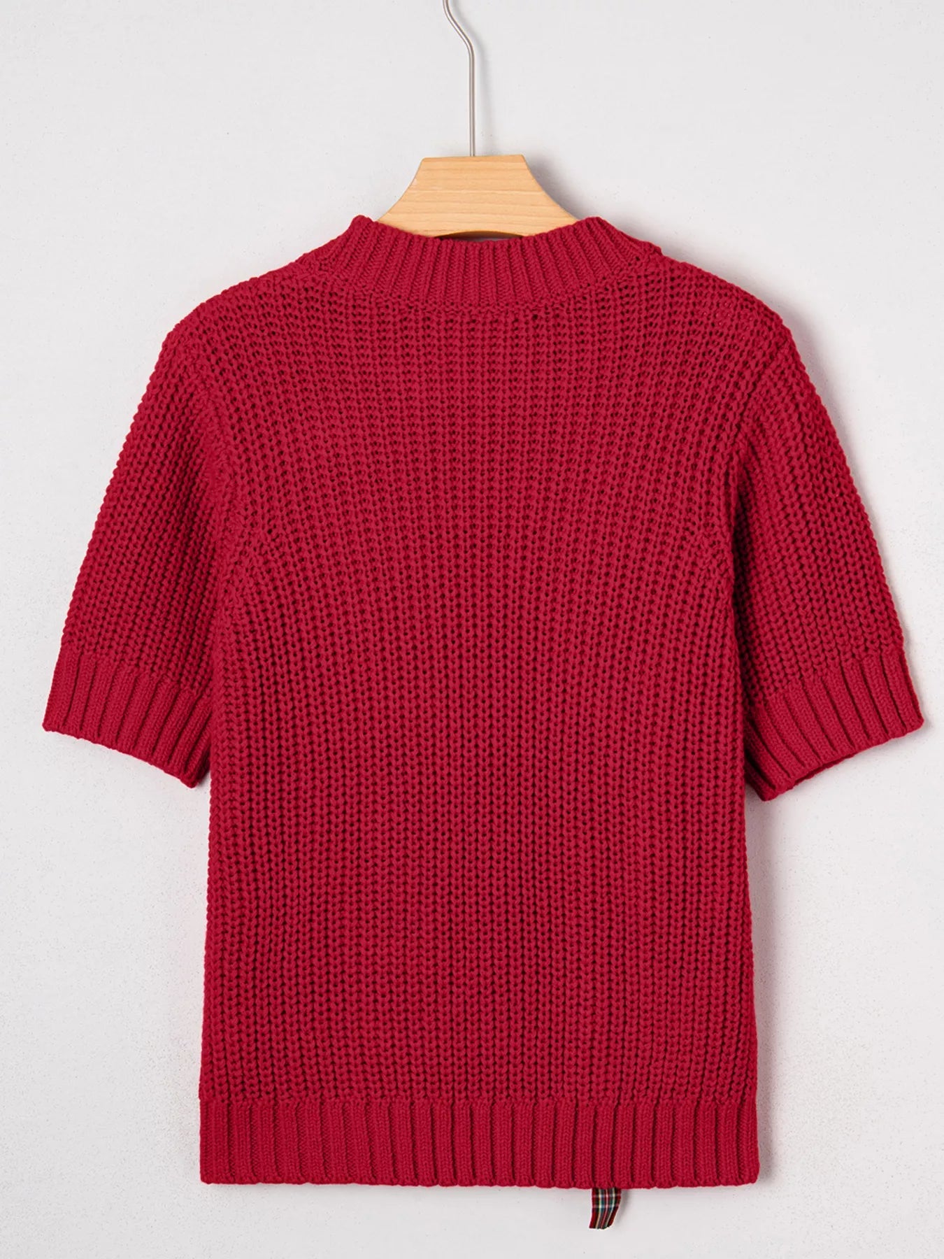 Plaid Lace Up Detail Christmas Holiday Puff Short Sleeve Sweater 