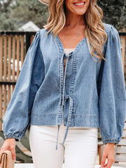 Tied Front Puff Sleeve Denim Top 