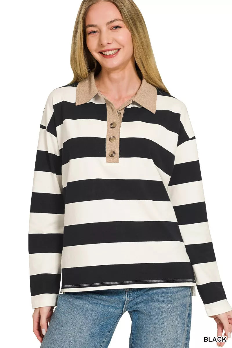 Zenana Striped Contrast Collar Polo Tee 