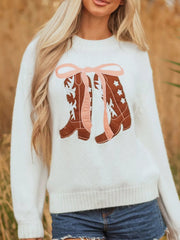 Embroidered Bow Boots Graphic Drop Shoulder Sweater 