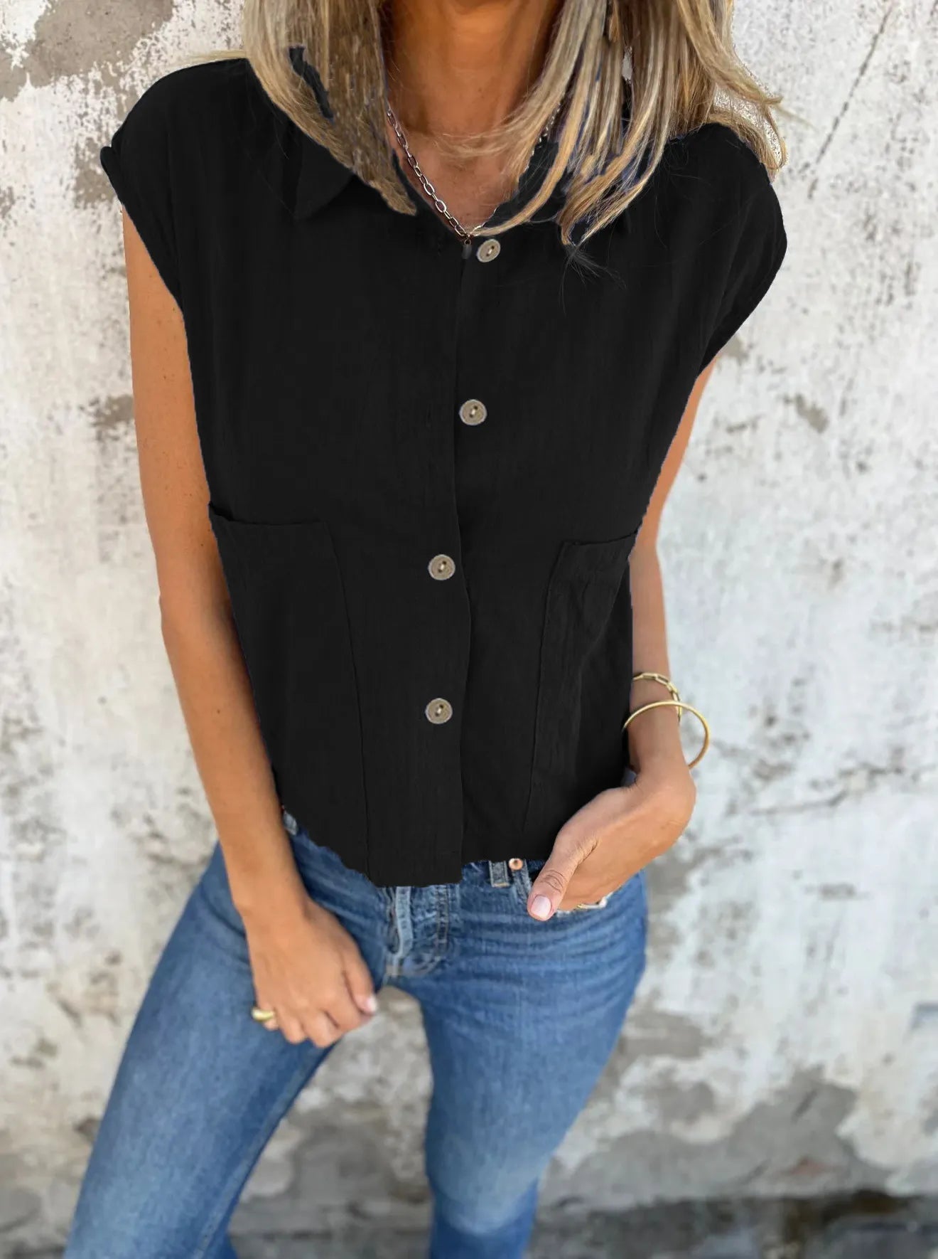 Full Size Button Down Cap Sleeve Linen Shirt Plus Size 