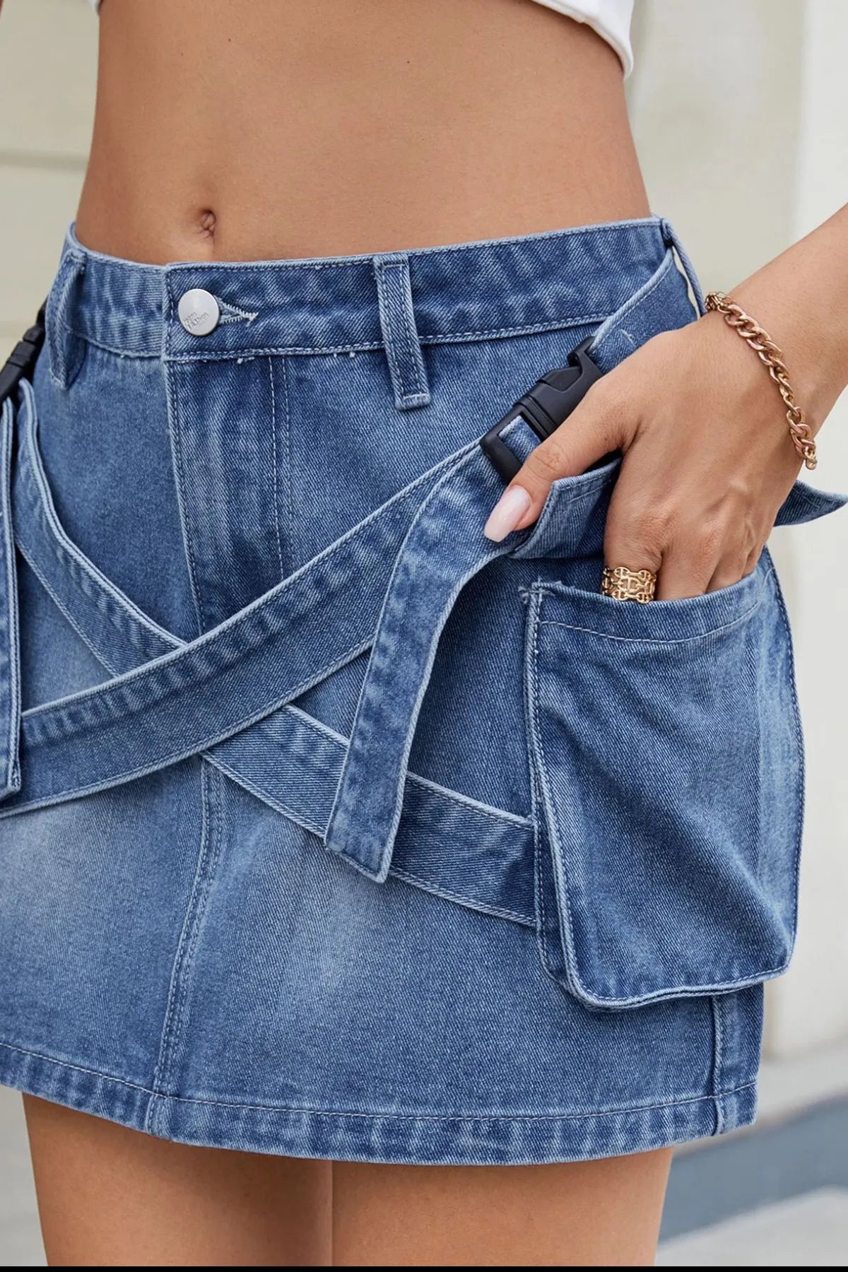 Criss-Cross Waist Detail Denim Mini Skirt 