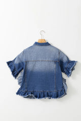 Ruffled Raw Hem Half Sleeve Denim Top 