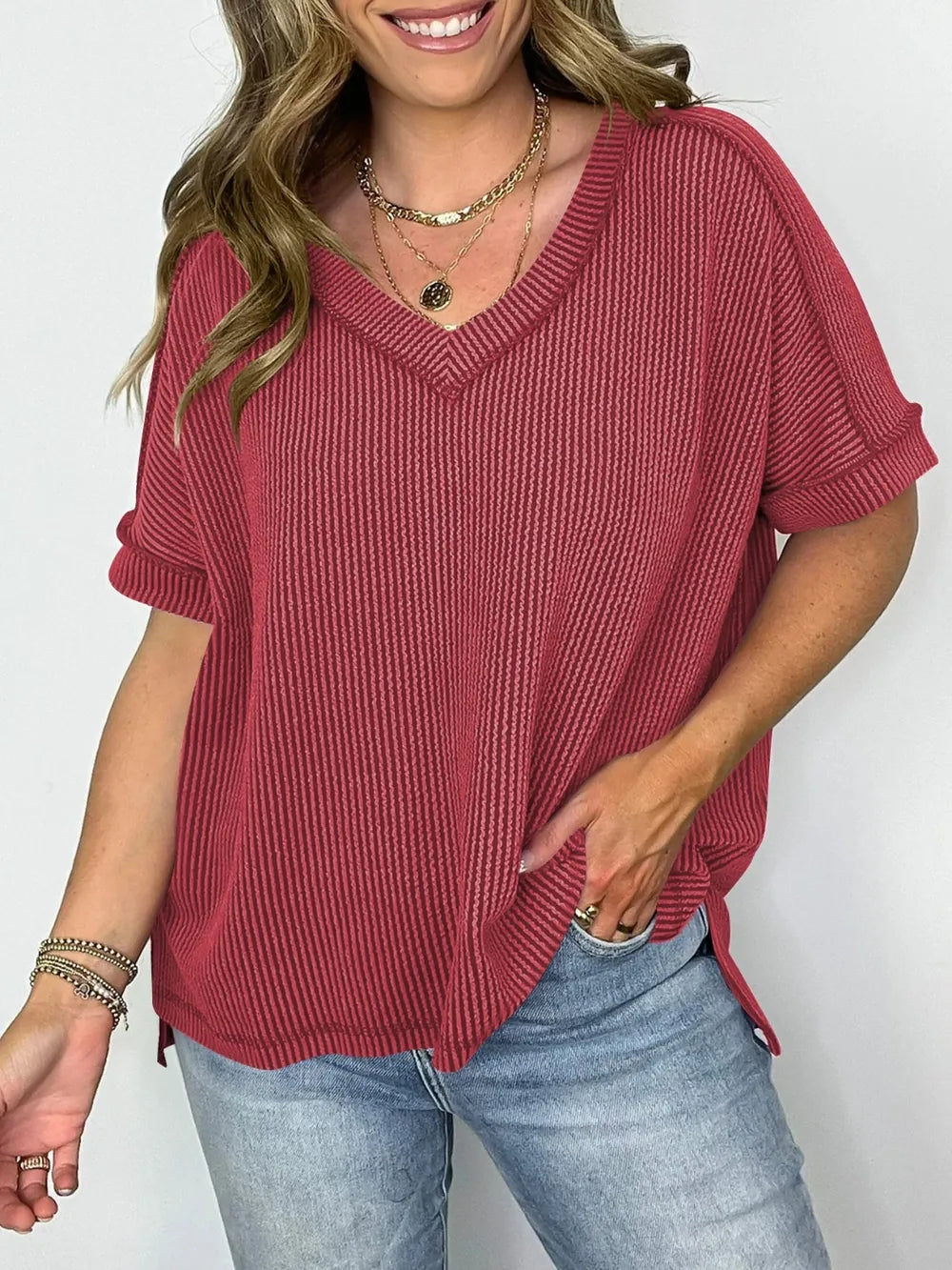 Cord Ribbed V-Neck Short Sleeve T-Shirt 