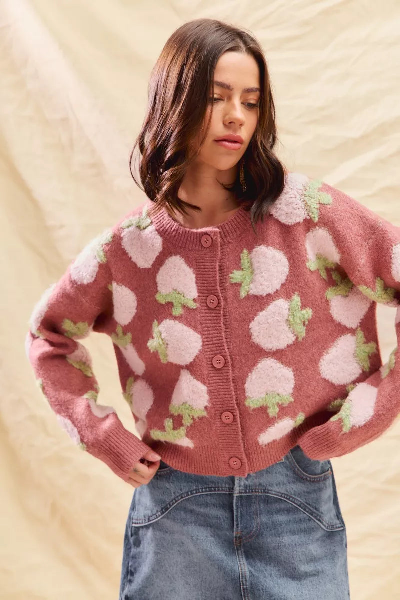 SO ME Strawberry Fruit All Over Button Sweater Cardigan 