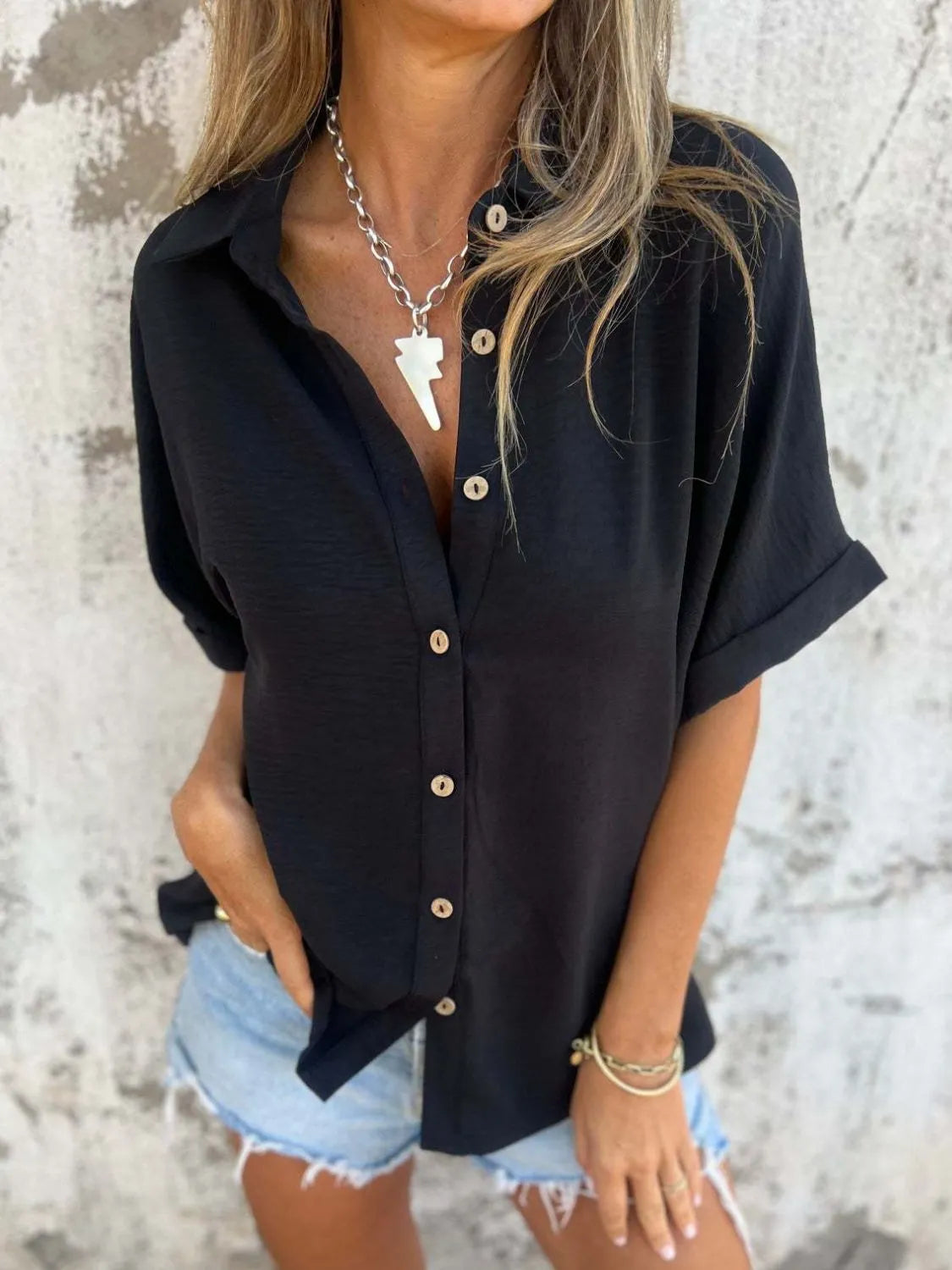 Full Size Collared Neck Half Sleeve Shirt Plus Size 