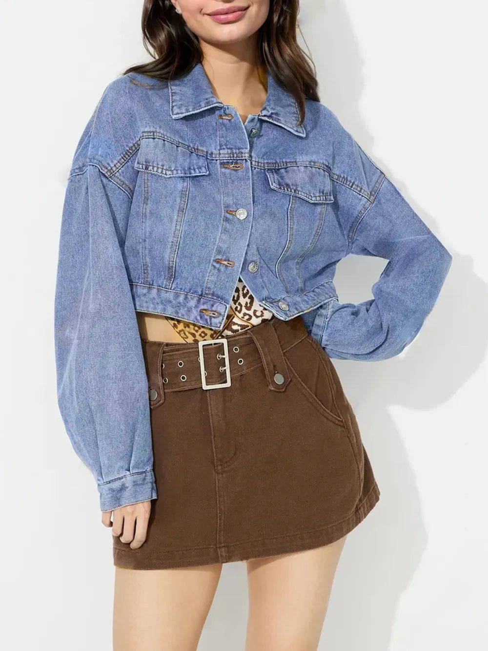 Collared Neck Dropped Shoulder Cropped Denim Top 