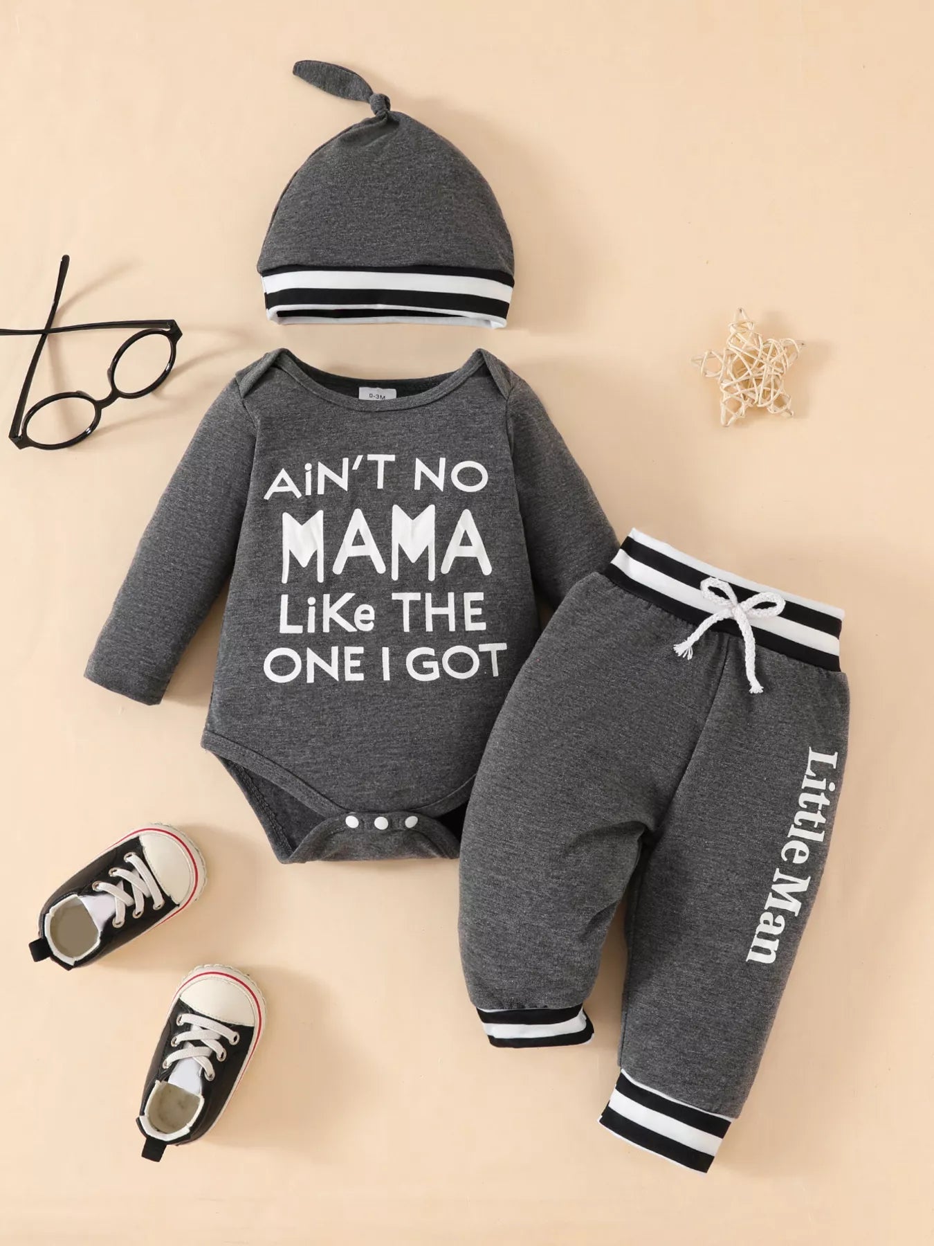 Children's Letter Bodysuit & Pants & Hat Set 