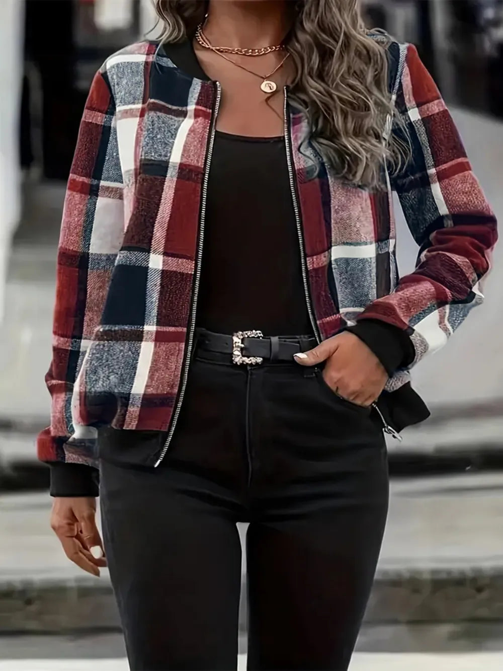 Plus Size Plaid Baseball Collar Zip Up Jacket 