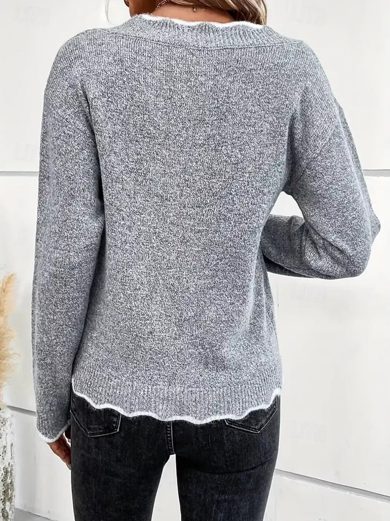 Full Size Scalloped Trim V-Neck Sweater Plus Size 