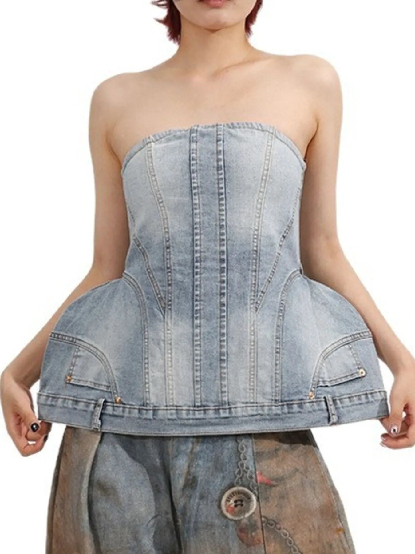 Zip Back Denim Tube Top 