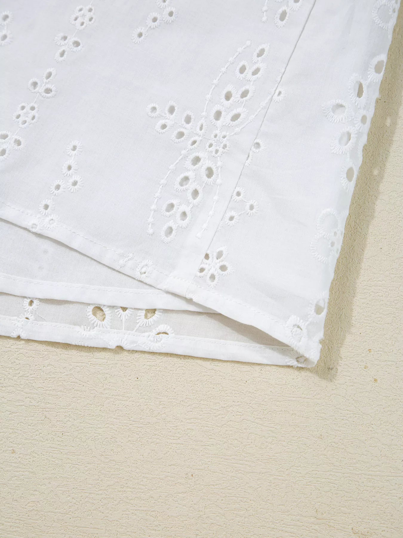 Eyelet Embroidered Smocked Cuff Sheer Blouse 