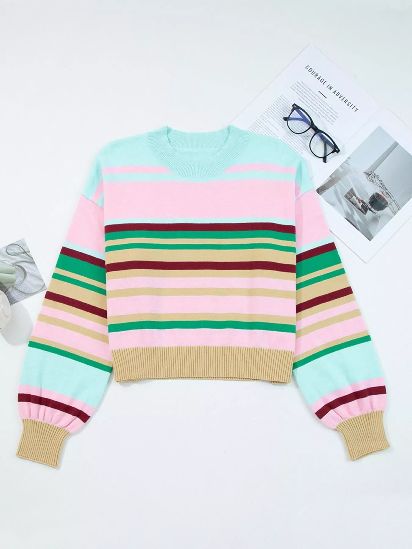Multicolour Striped Knit Ribbed Trim Boxy Fit Cropped Sweater 