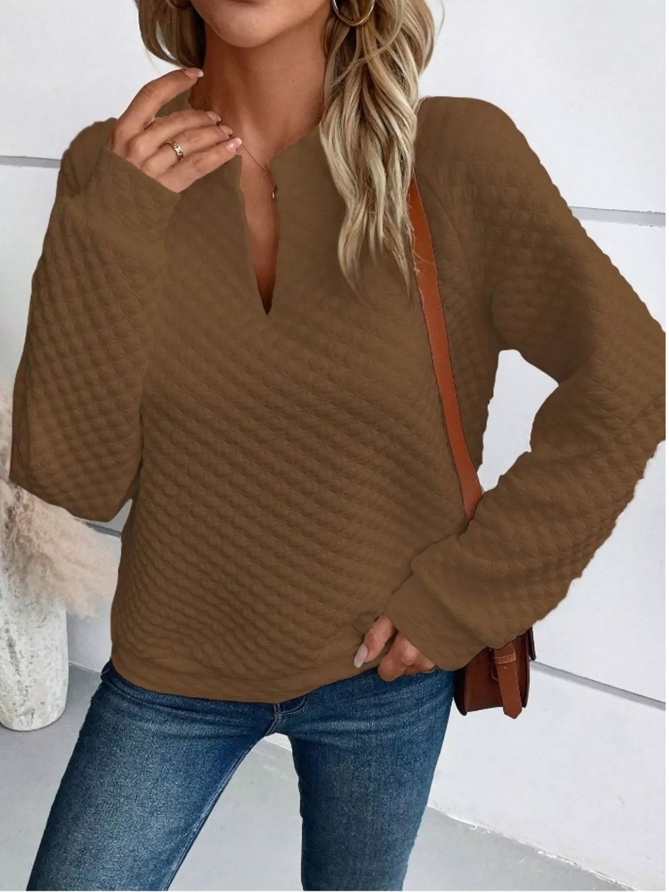 Textured Notched Raglan Sleeve Sweatshirt 