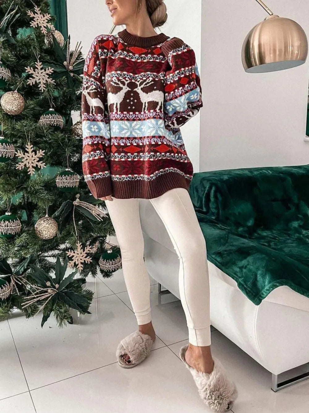 Geometric Round Neck Dropped Shoulder Sweater 