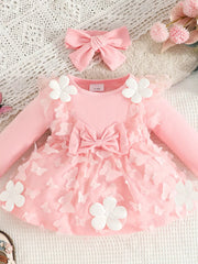 Children's Butterfly Decor Flower Applique Dress with Headband 
