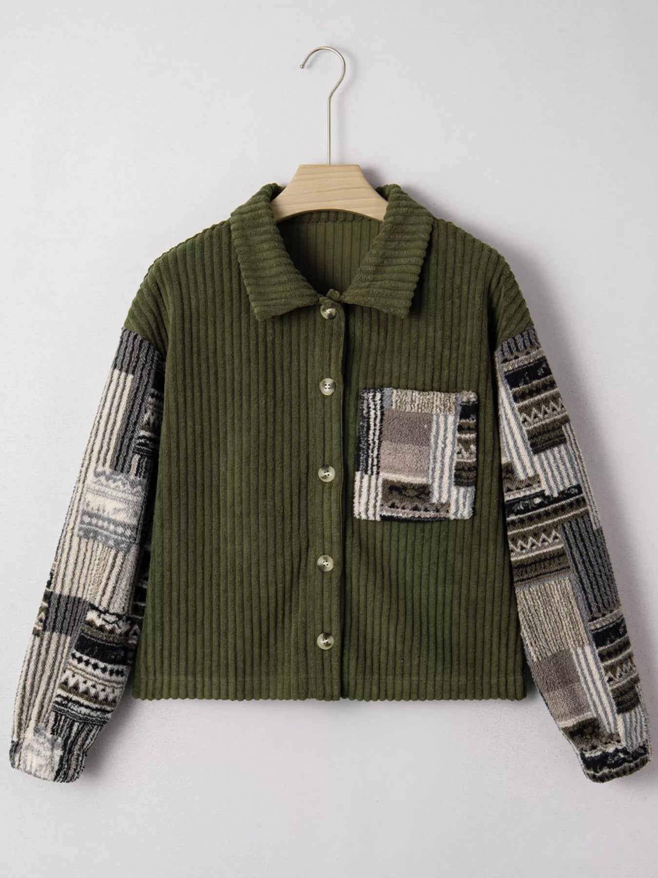 Ribbed Fleece Plaid Print Patchwork Button Up Jacket 
