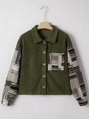 Ribbed Fleece Plaid Print Patchwork Button Up Jacket 