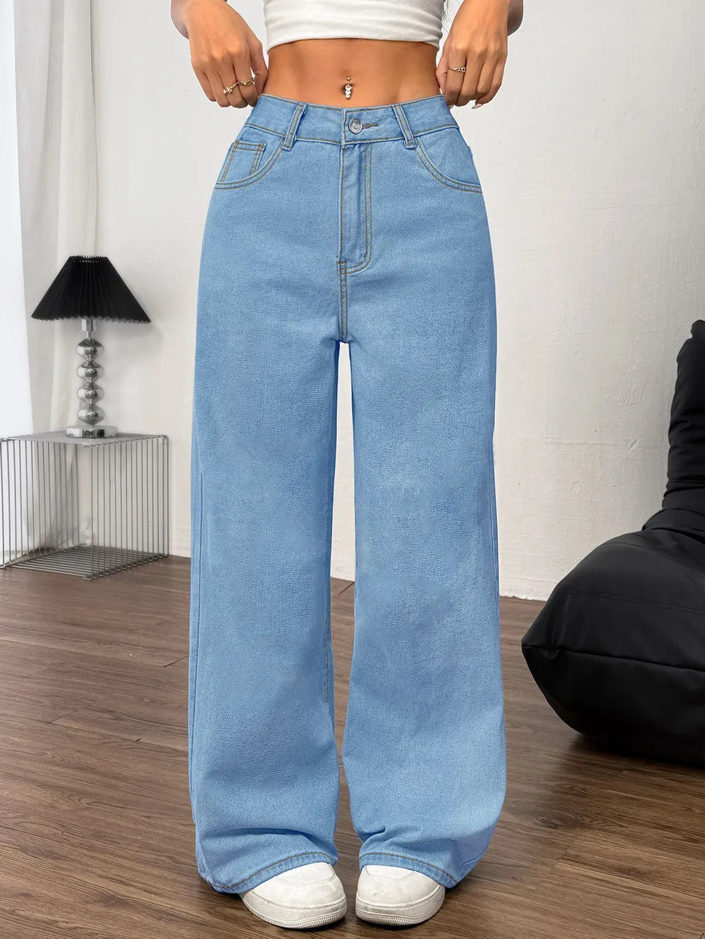 Embroidered Bow Back Wide Leg Jeans 