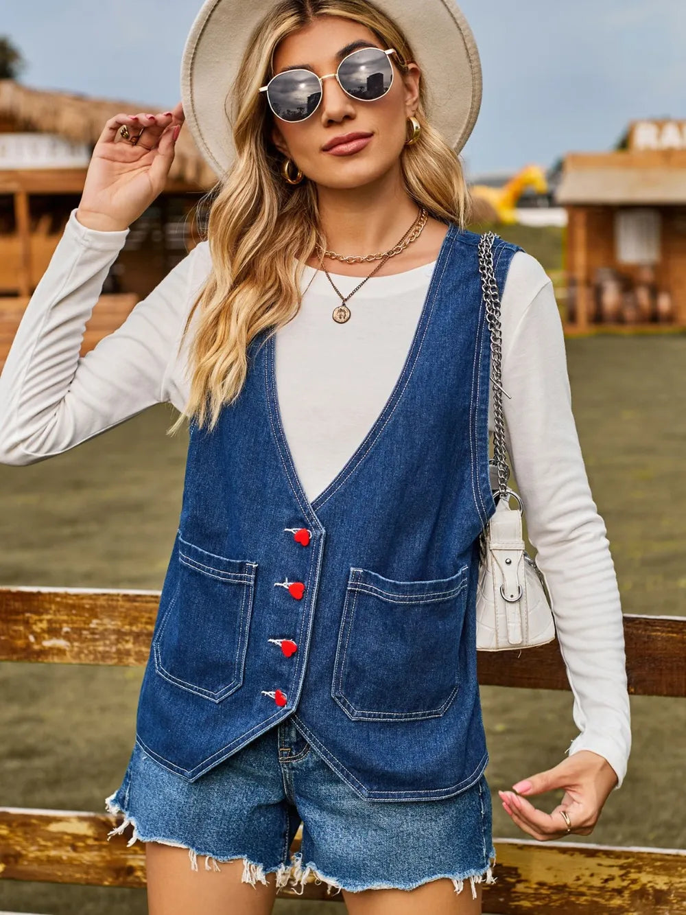 Pocketed Button Up Sleeveless Denim Jacket 