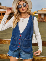 Pocketed Button Up Sleeveless Denim Jacket 