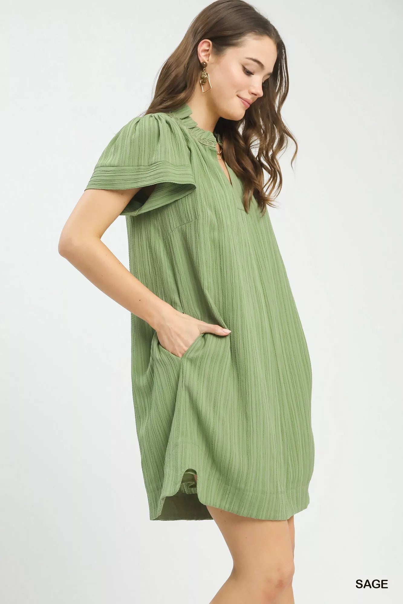 Umgee Flutter Sleeve V-Neck Shift Dress 