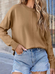 Center Seam Drop Shoulder Pullover Solid Sweater 