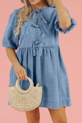 Bowknot Round Neck Half Sleeve Denim Dress 