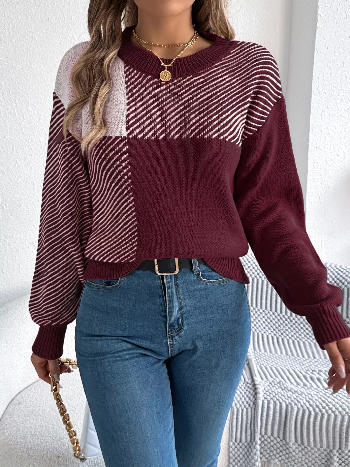 Color Block Striped Round Neck Sweater 