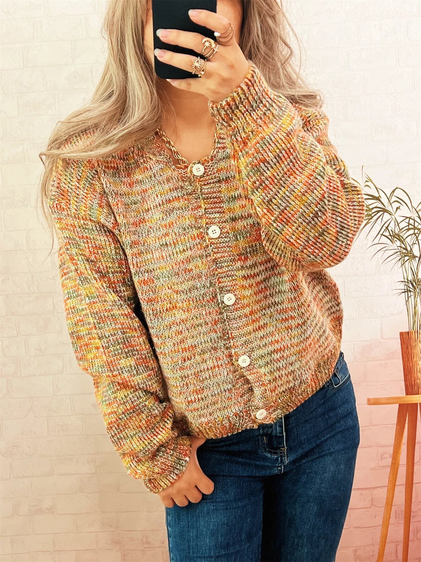 Multi-Colored Knit Button-Down Cardigan 