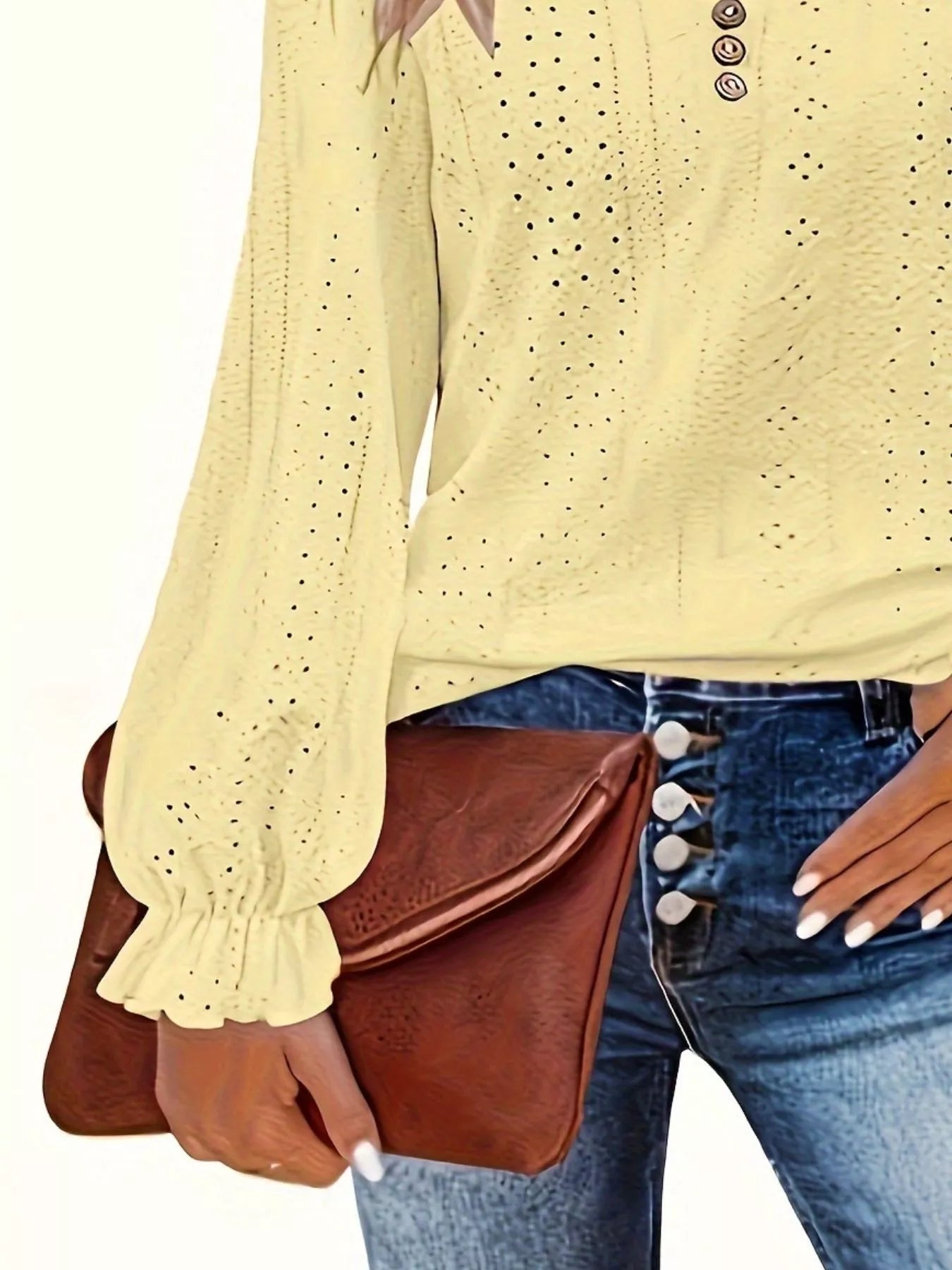 Plus Size Eyelet V-Neck Flounce Sleeve Blouse 