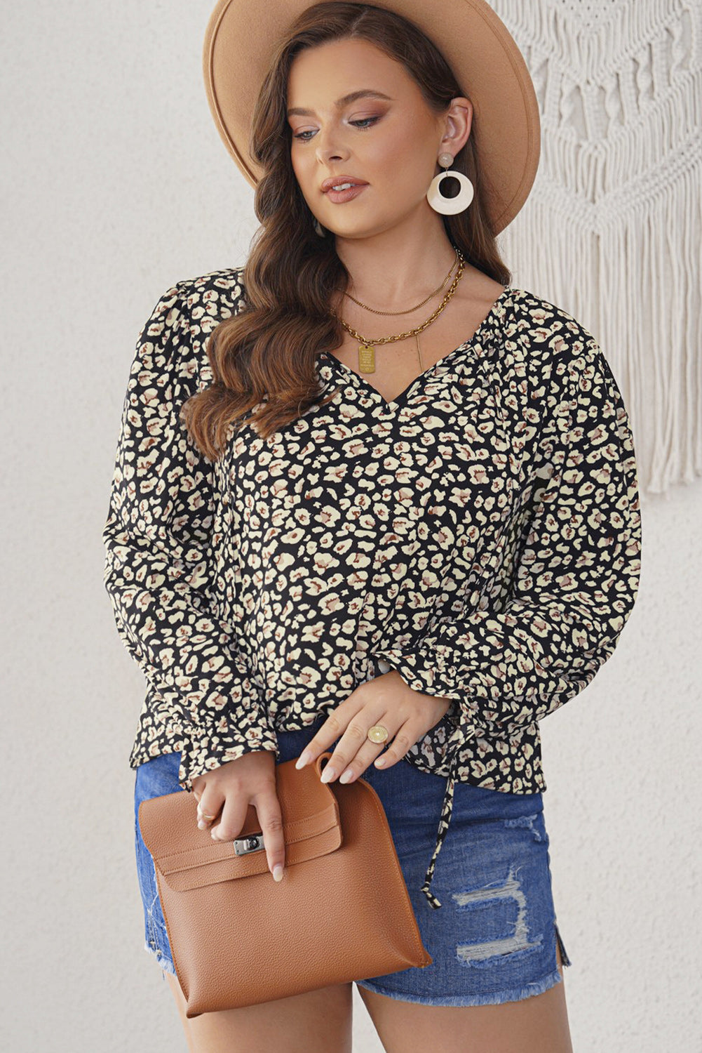 Plus Size Floral Flounce Sleeve Tie-Neck Blouse 