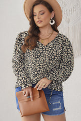 Plus Size Floral Flounce Sleeve Tie-Neck Blouse 