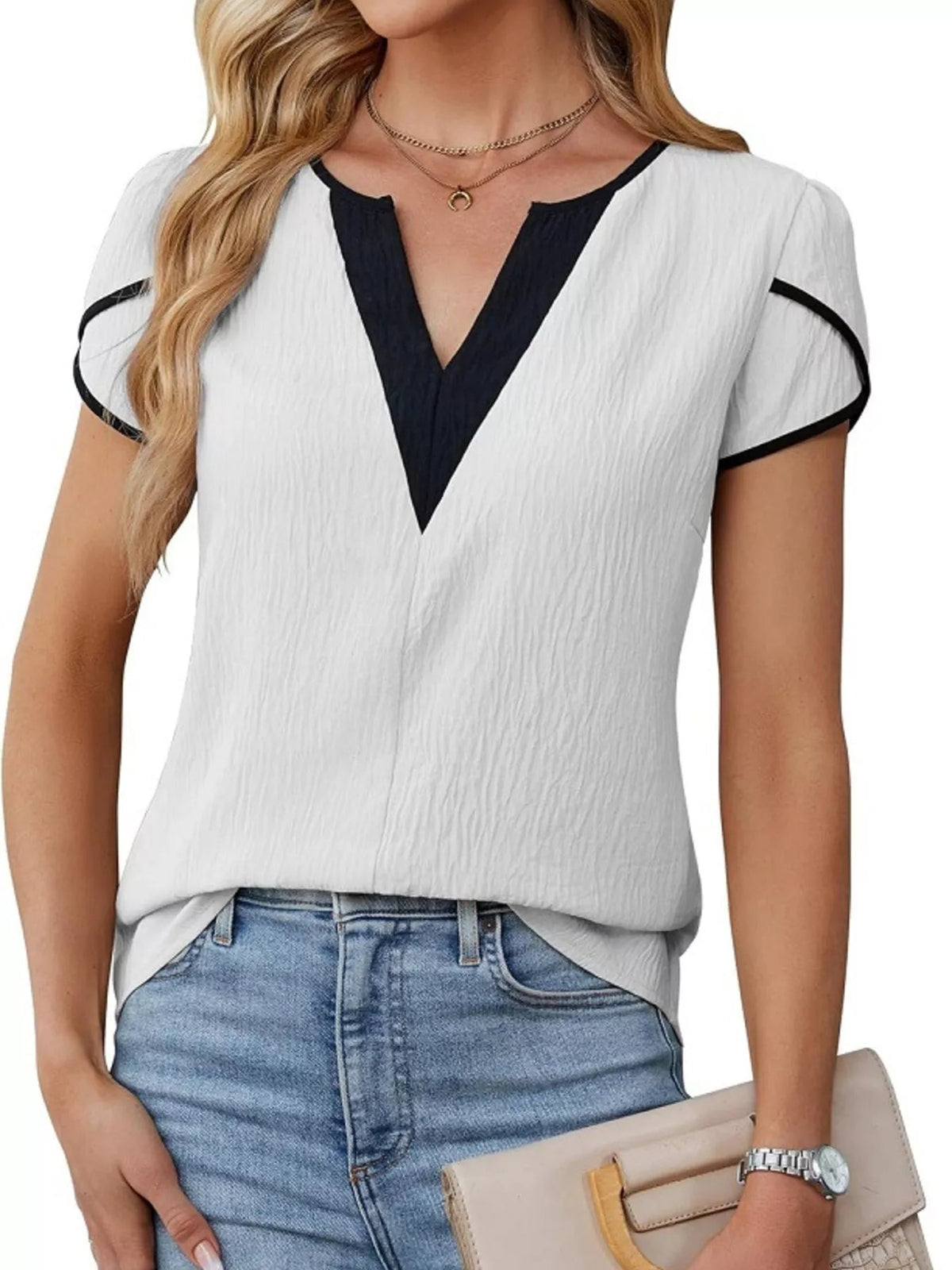 Notched Petal Sleeve Blouse 
